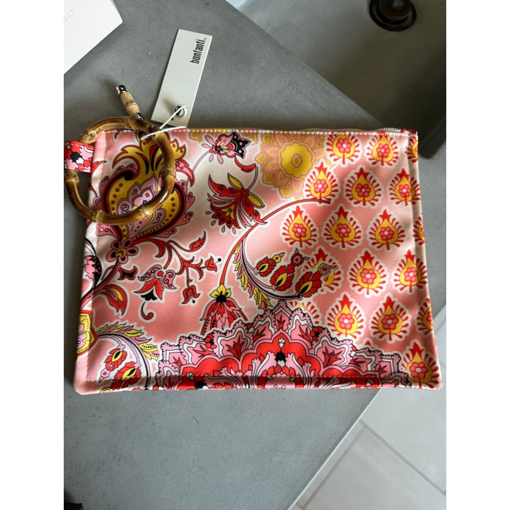 Bonfanti Pink Paisley Floral Bamboo Handle Clutch Bag Boho Summer Festival NWT